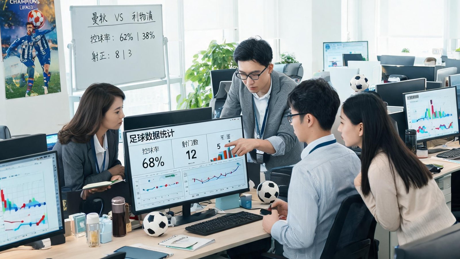 球探数据团队办公场景，多名数据分析师在电脑前讨论足球数据